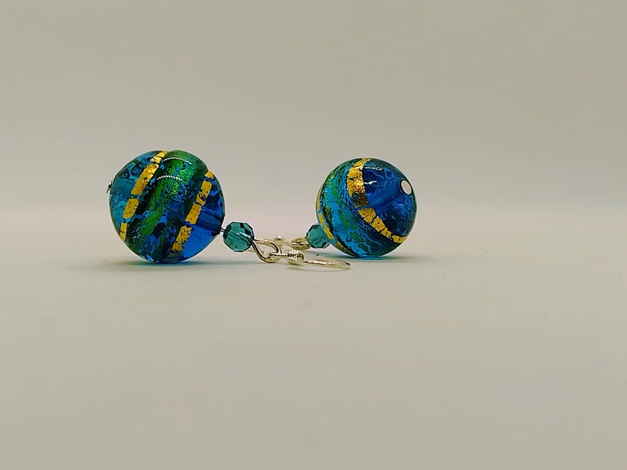 Sea Blue Murano Glass Drop Earrings, 22kt Gold Core, Sterling Silver Earwires