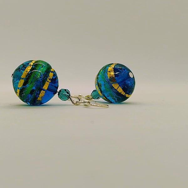 Sea Blue Murano Glass Drop Earrings, 22kt Gold Core, Sterling Silver Earwires