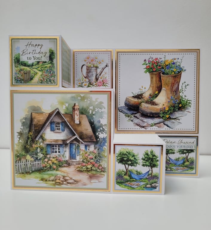 Birthday Card – Handmade Stepped Shape Cottage Garden House & Floral Wellies