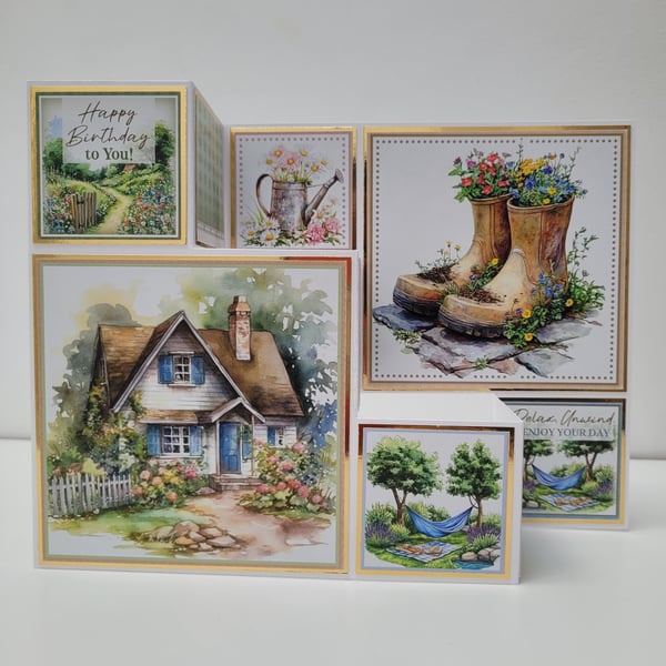 Birthday Card – Handmade Stepped Shape Cottage Garden House & Floral Wellies