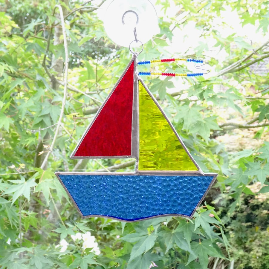 Stained Glass Sail Boat Suncatcher - Handmade Decoration - Red and Yellow