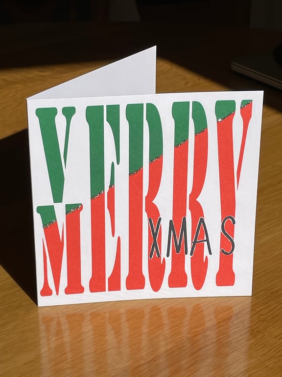 Verry Merry Xmas; colourful 13.5 cm square Christmas card, blank inside