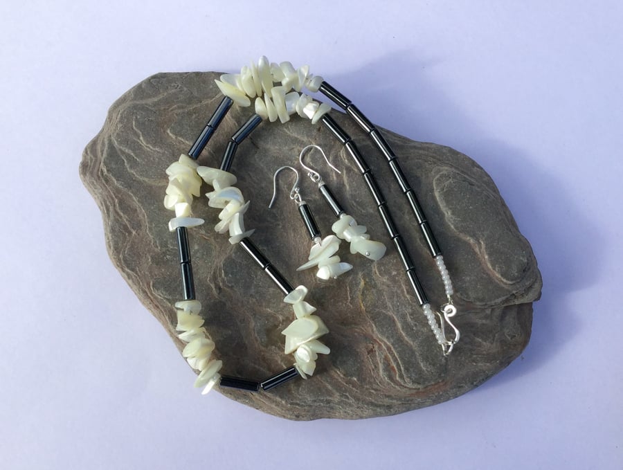 Sterling Silver, Haematite and Mother of Pearl Necklace and Earrings Set