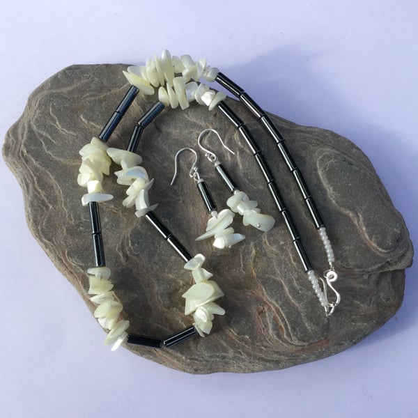 Sterling Silver, Haematite and Mother of Pearl Necklace and Earrings Set