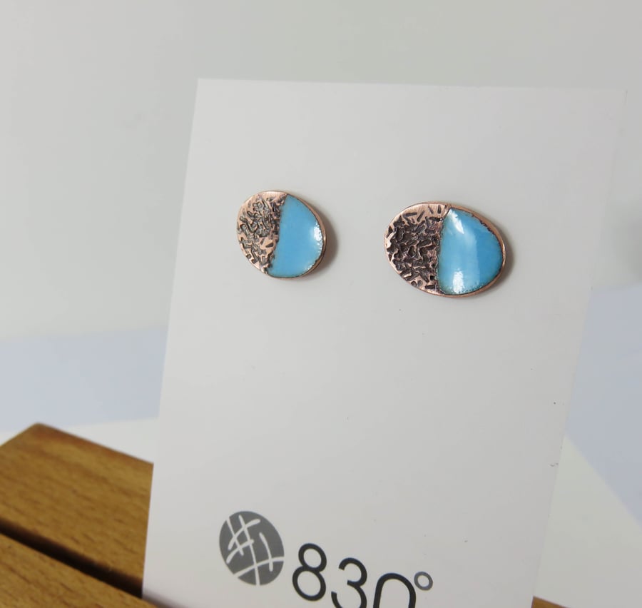 Oval copper and enamel stud earrings