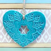 Ceramic heart hanging decoration Pottery Heart Folk art love heart aqua