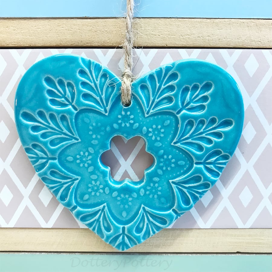 Ceramic heart hanging decoration Pottery Heart Folk art love heart aqua