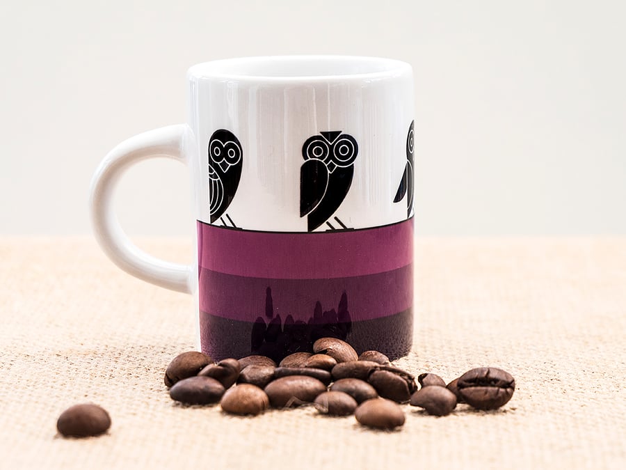 Purple Owl Espresso Coffee Mug Aztec style design Insomniacs Nightowls