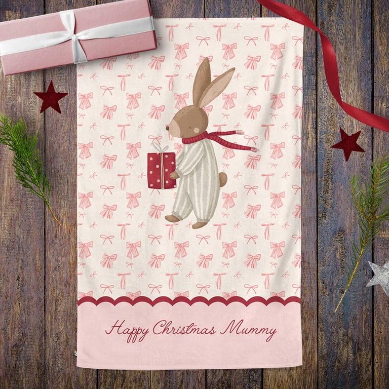 Festive Bunny Personalised Christmas Tea Towel - 100% cotton Kitchen Gift