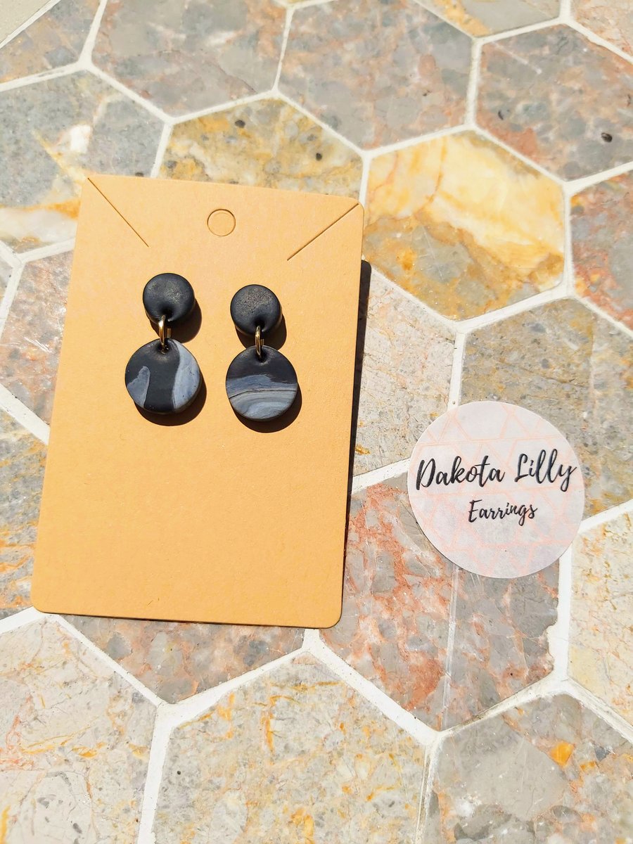 Black Studs with Black Marble Drop Polymer Clay Earrings
