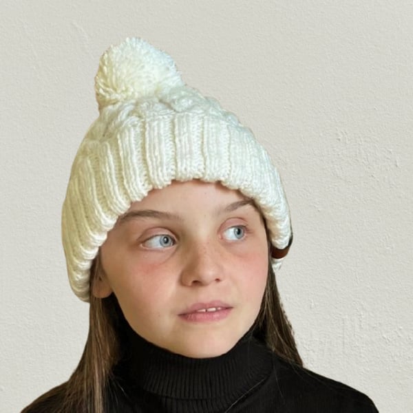Hand Knitted Beanie Hat In Cream - Fits From Age 12 years to Woman's Head Size