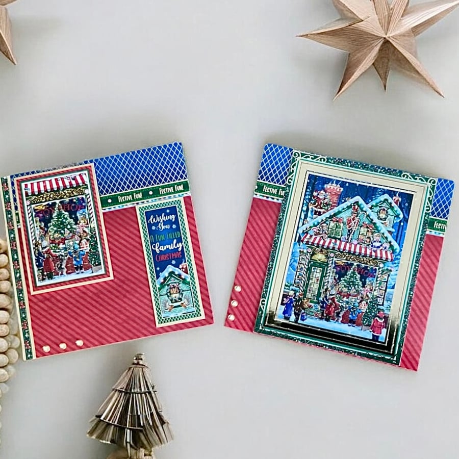 Set of two Christmas toy shop cards.