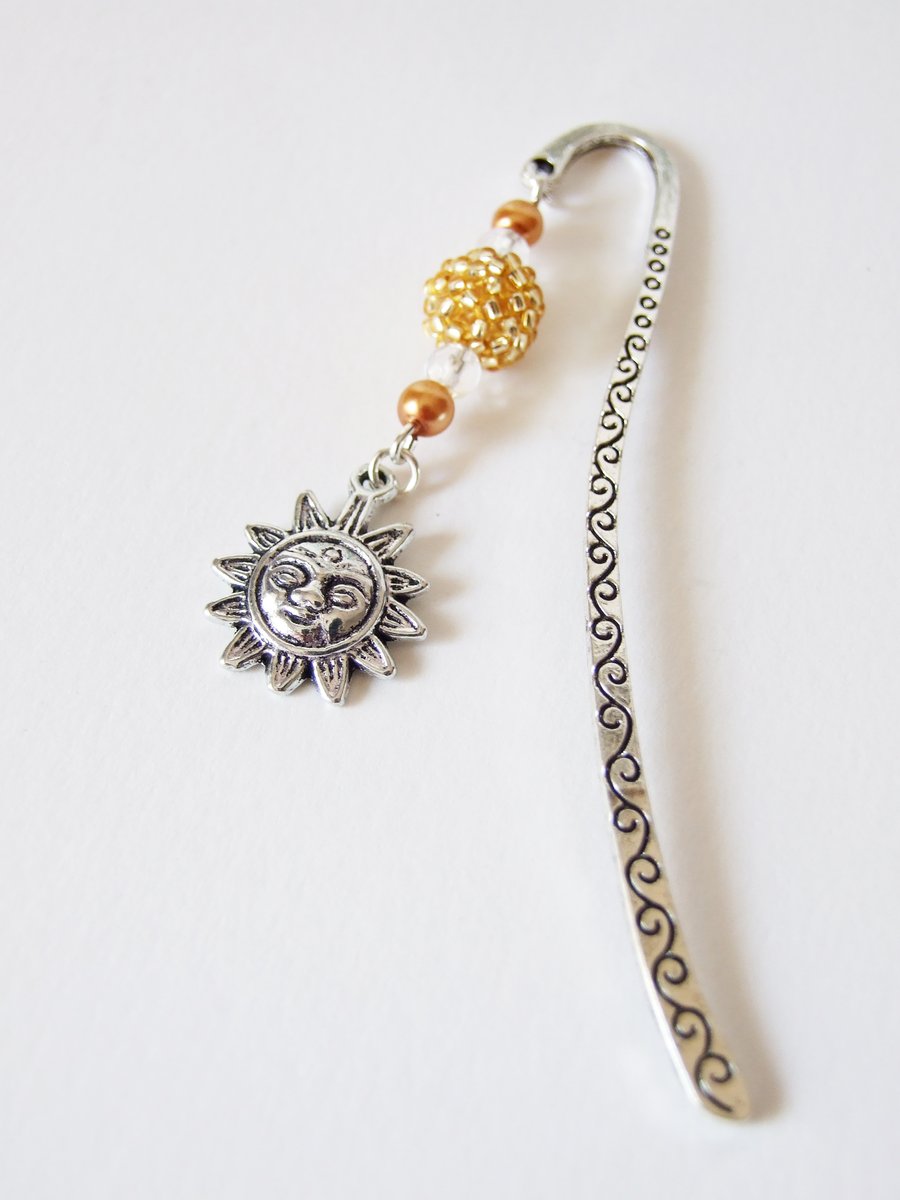Sun Charm and Beaded Bead Silver Metal Shepherd's Hook Bookmark