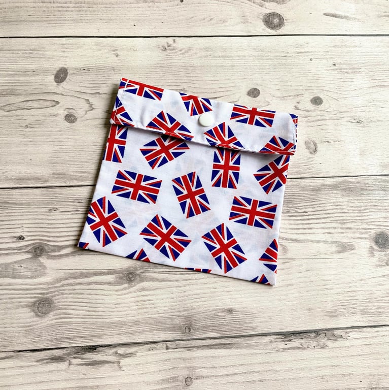 Union Jack themed fabric gift bags with snap closure. Reusable present wrap. 