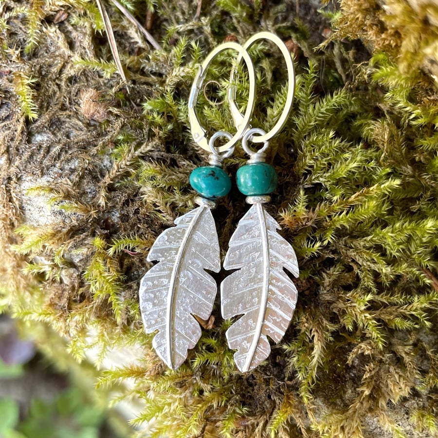 Silver and turquoise feather earrings