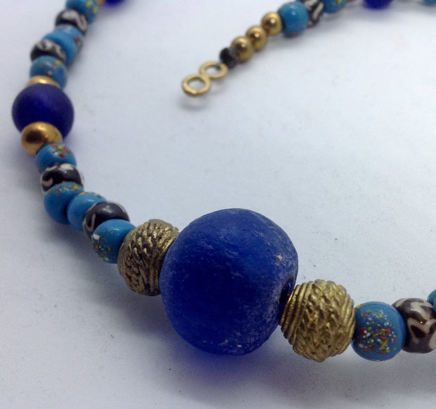 Blue and turquoise glass beaded necklace, chunky African glass and brass beads