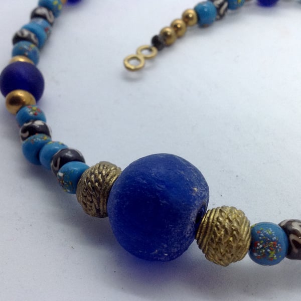 Blue and turquoise glass beaded necklace, chunky African glass and brass beads