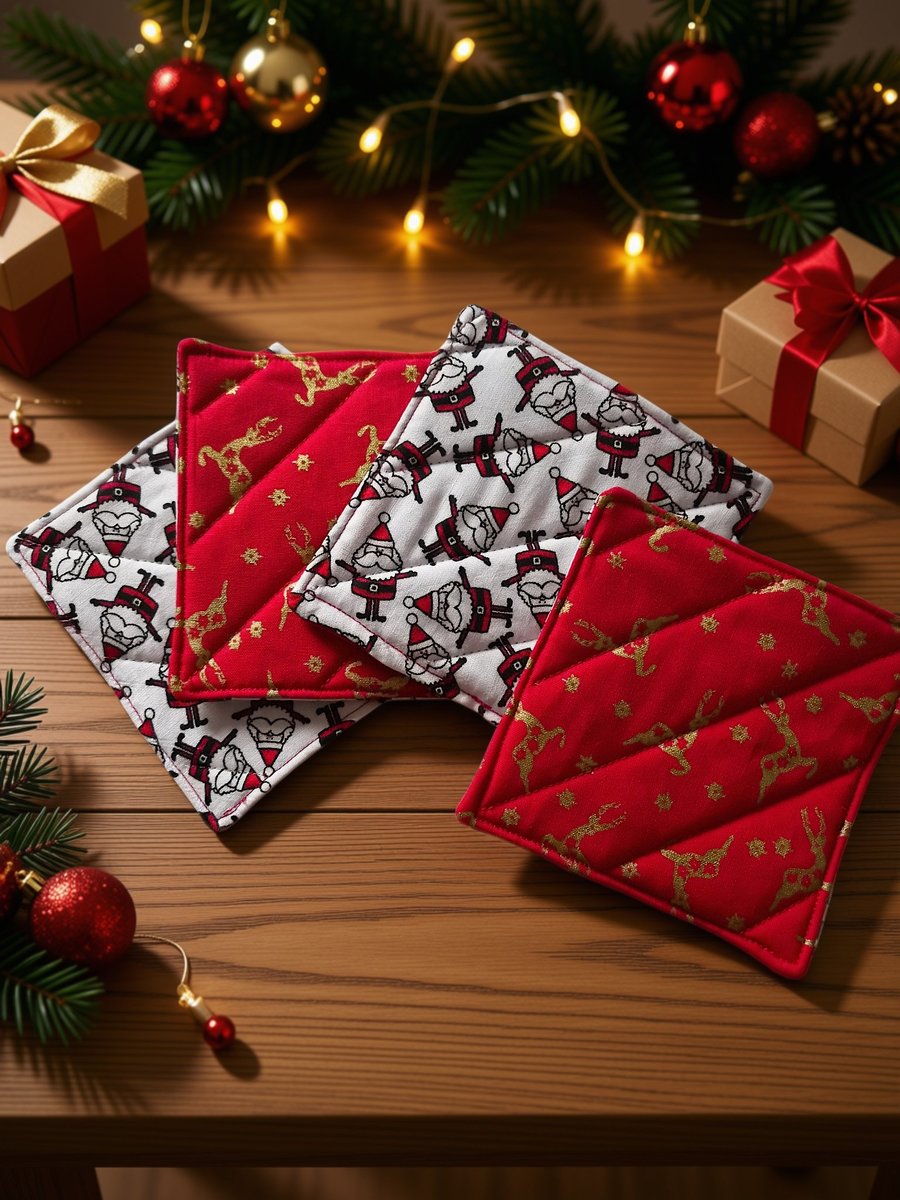 A set of 4 handmade quilted festive coasters