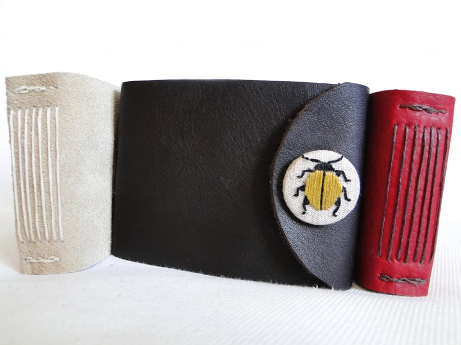 Brown Leather Journal - Handmade -  with an embroidered Yellow Beetle fastening.