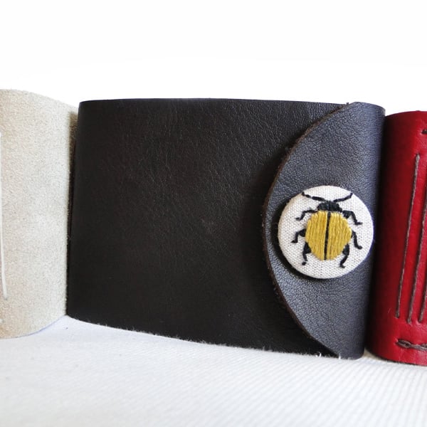 Brown Leather Journal - Handmade -  with an embroidered Yellow Beetle fastening.