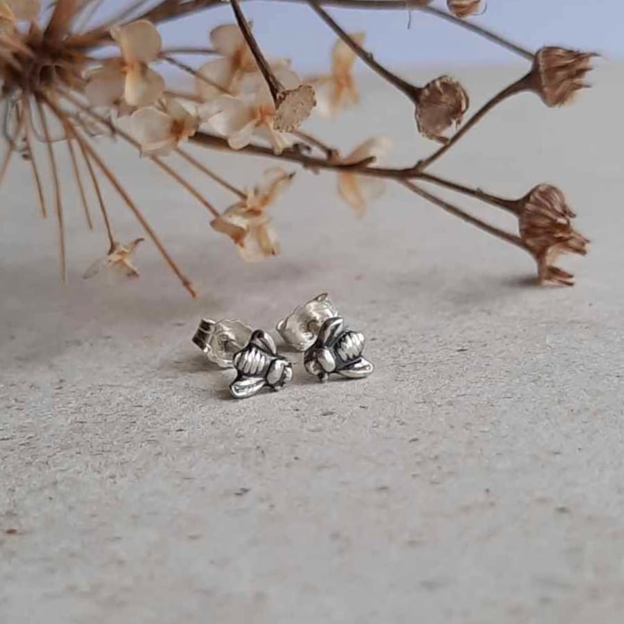 Teeny Tiny Silver Bumble Bee Stud Earrings - Oxidised Silver