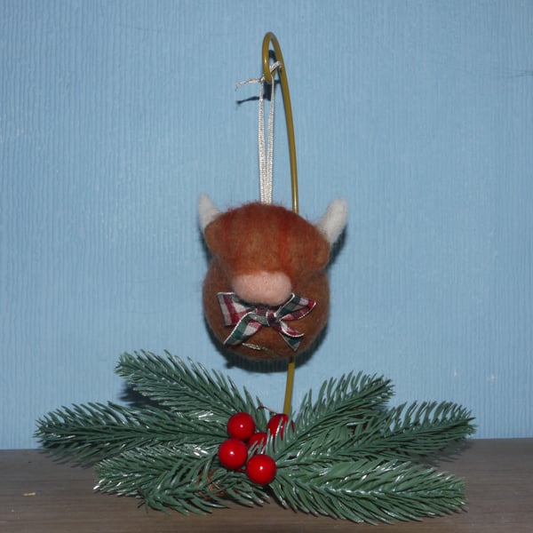 Needle felted Highland cow christmas tree ornament