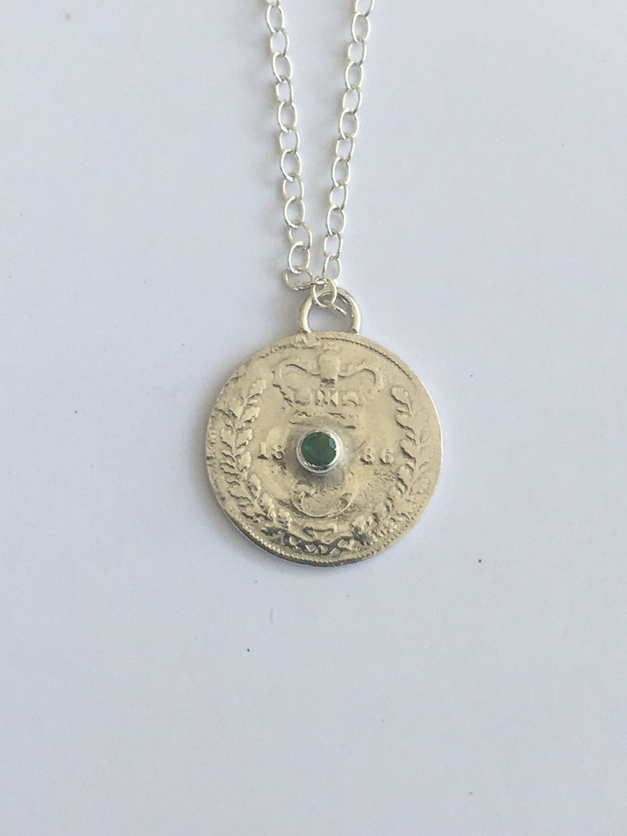 1886 Threepence pendant set with Emerald 