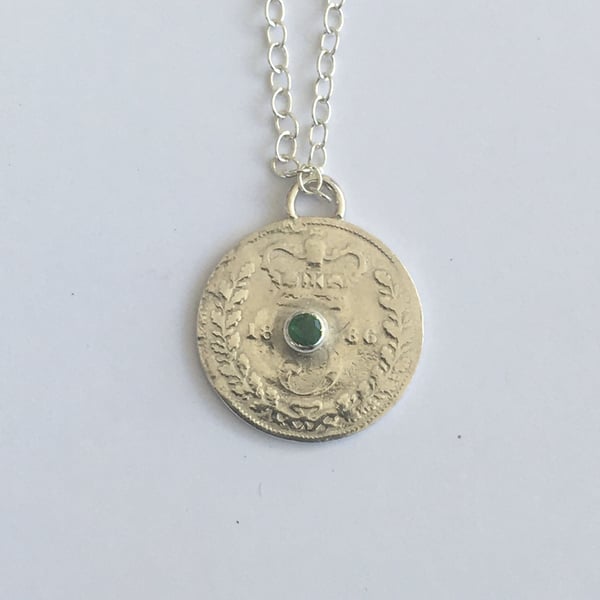 1886 Threepence pendant set with Emerald 