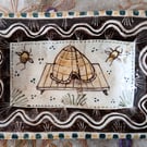 Square slip ware dish with hand painted bee skep