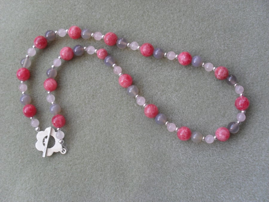 Strawberry Pink Rhodochrosite and Quartz Necklace