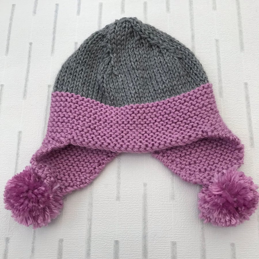 Pink and grey hat with earflaps