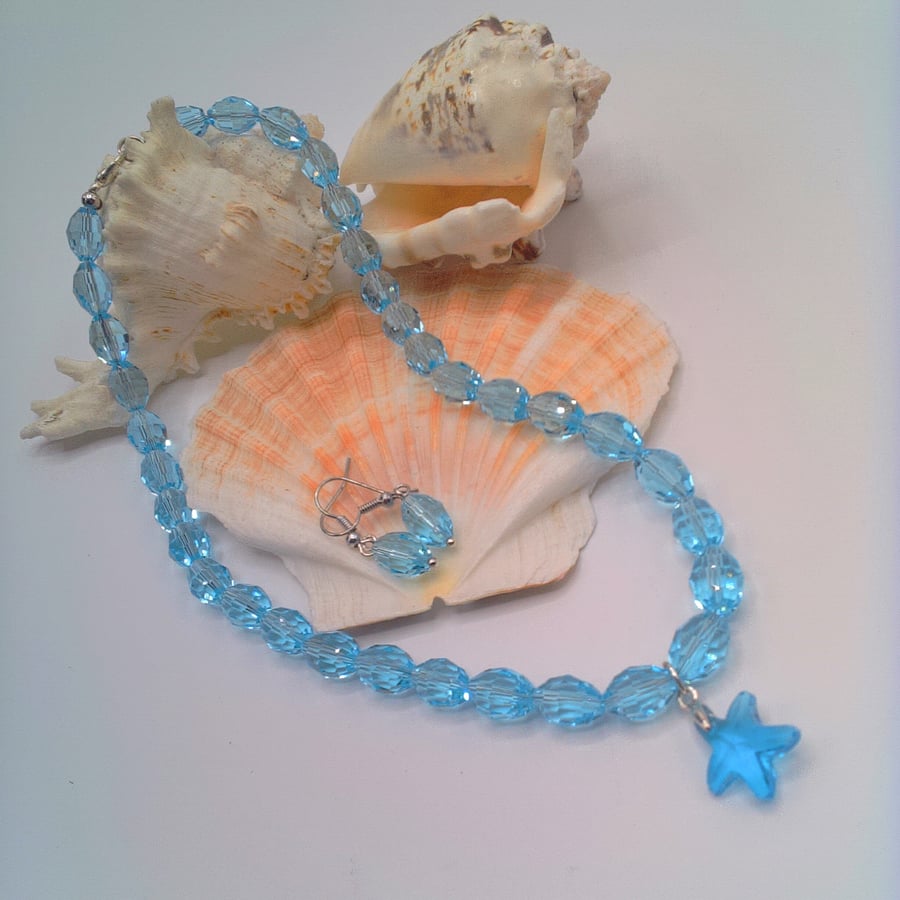 Pale Blue Crystal Necklace With a Glass Starfish and Earrings, Gift for Her