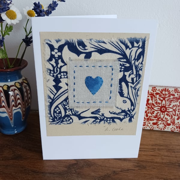 William Morris 'Brother Rabbit' painted heart hand stitched card - CLEARANCE