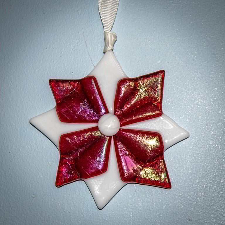 Fused glass star shaped light-catcher in solid white and clear deep red glass