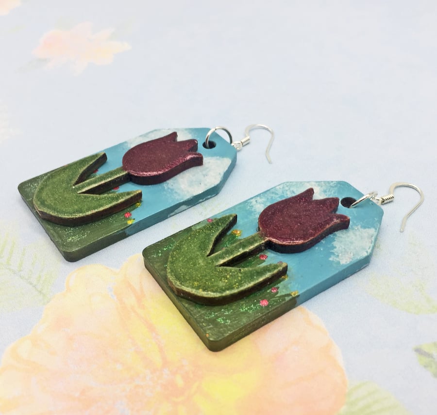 Tulip in a garden wooden statement earrings hand painted