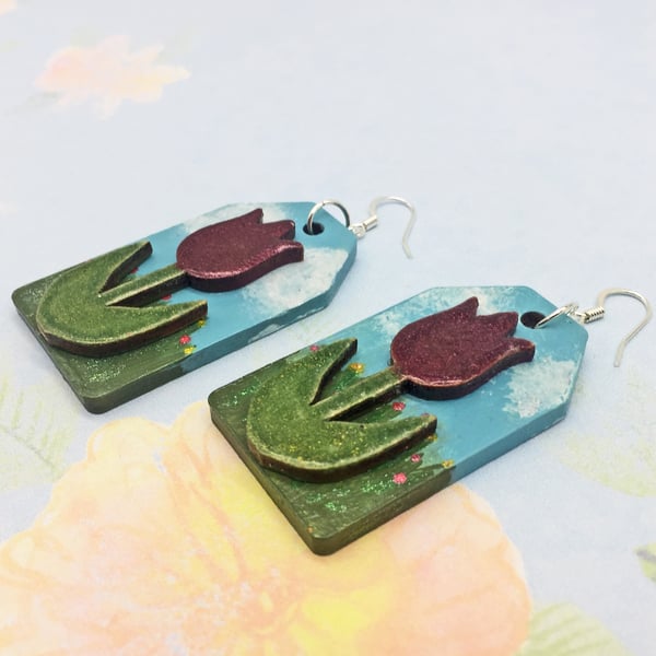 Tulip in a garden wooden dangle statement earrings hand painted gifts for her