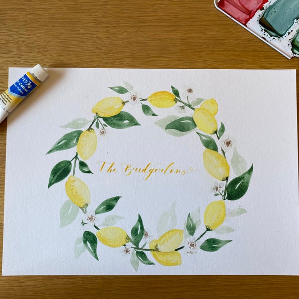 Personalised A4 Watercolour Lemon Wreath Print 
