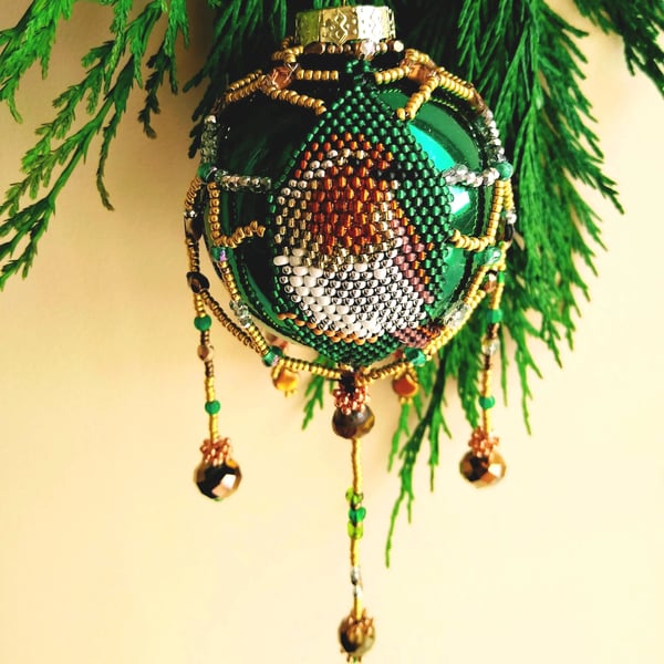 Robin Hand Beaded Green Christmas Bauble Tree Decoration