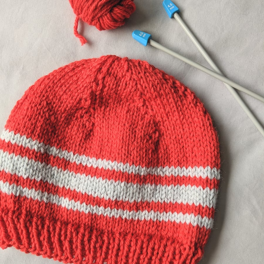 Red and grey striped kids woolly hat