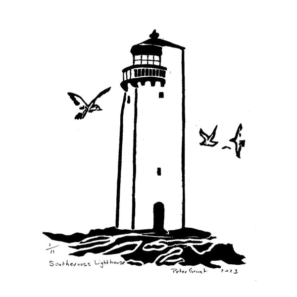  Linocut print of Southerness Lighthouse original limited edition hand printed 