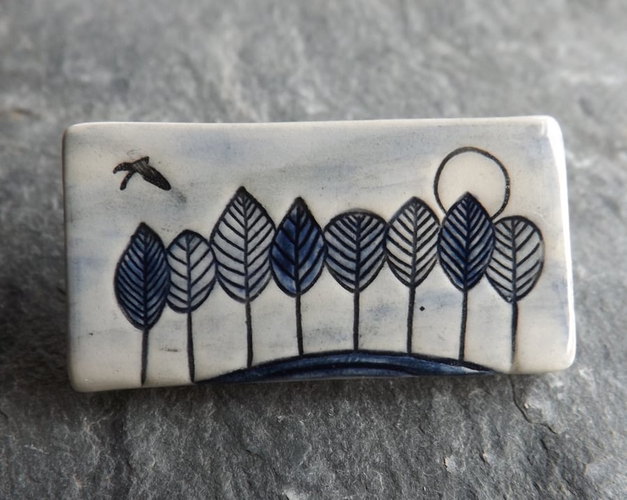 Handmade ceramic Blue Trees brooch