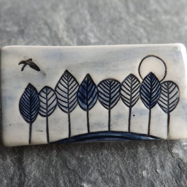 Handmade ceramic Blue Trees brooch