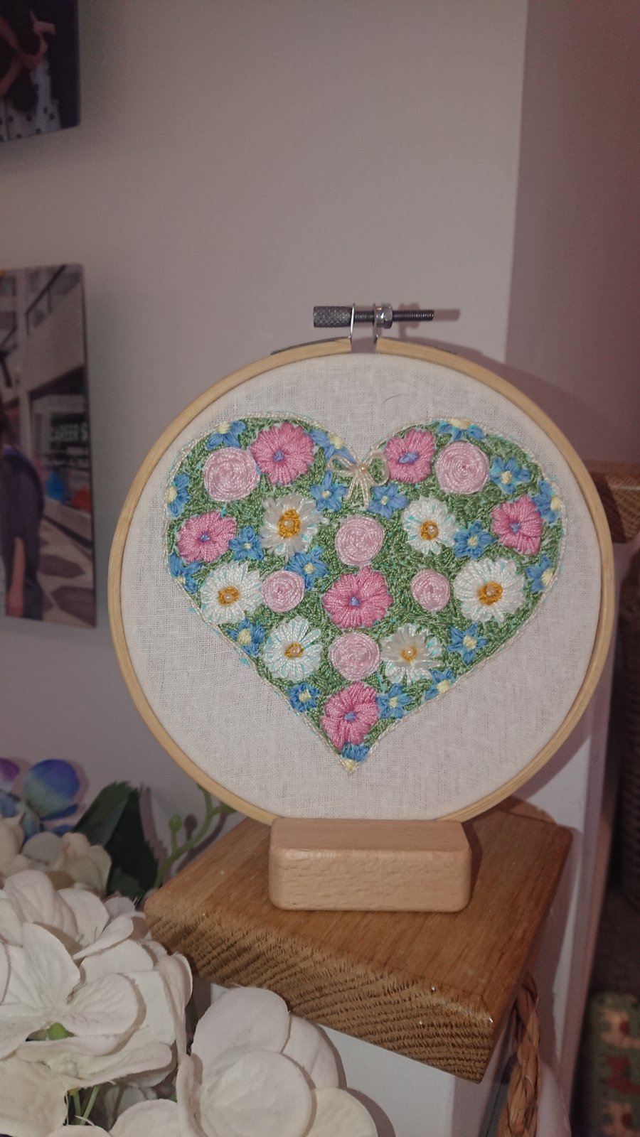 Floral Heart Embroidery Picture, Wall Decoration, Cottagecore 