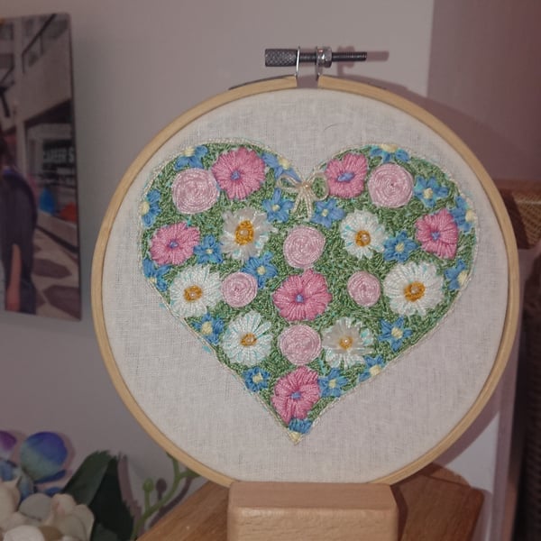 Pretty Floral Heart Embroidery Hoop Picture, Cottagecore 