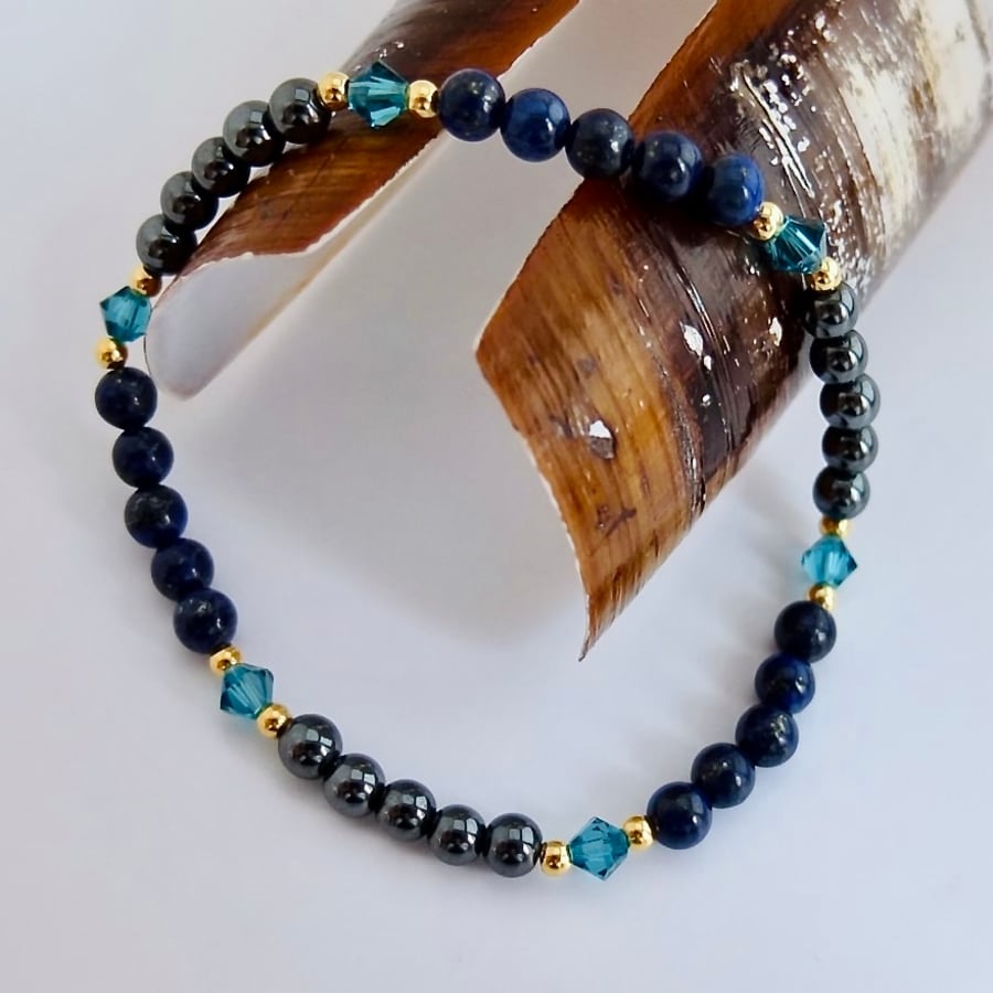 Lapis Lazuli, Swarovski Crystal and Hematite Bracelet - Handmade In Devon.