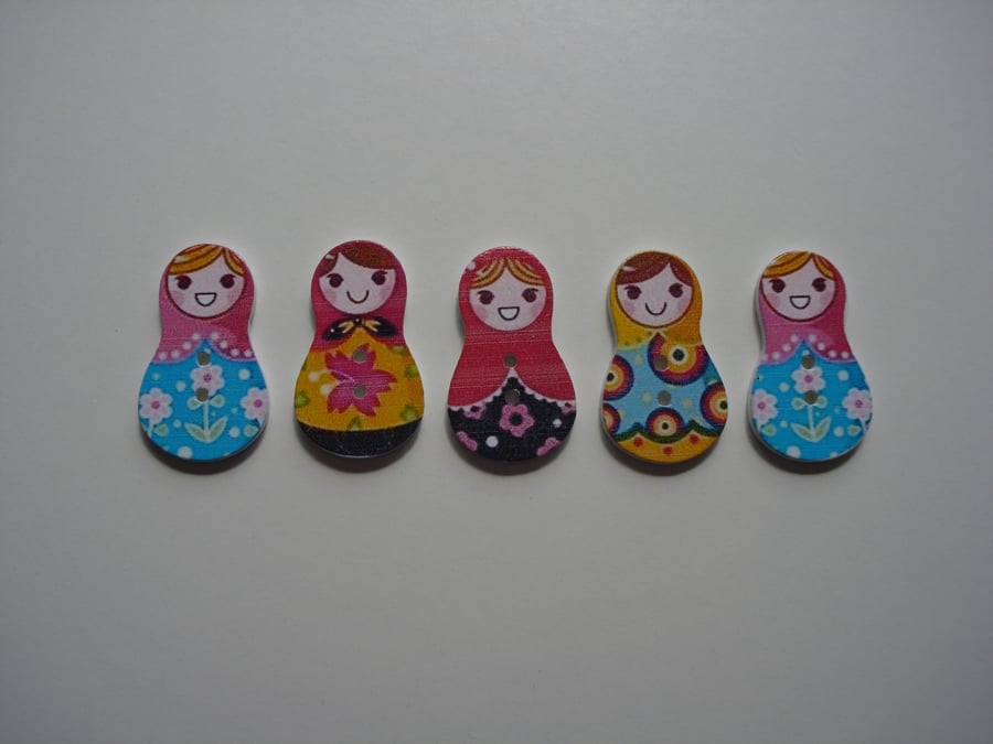 5 Russian Doll Buttons, Wooden Buttons, Babushka Buttons, Matroshka Buttons