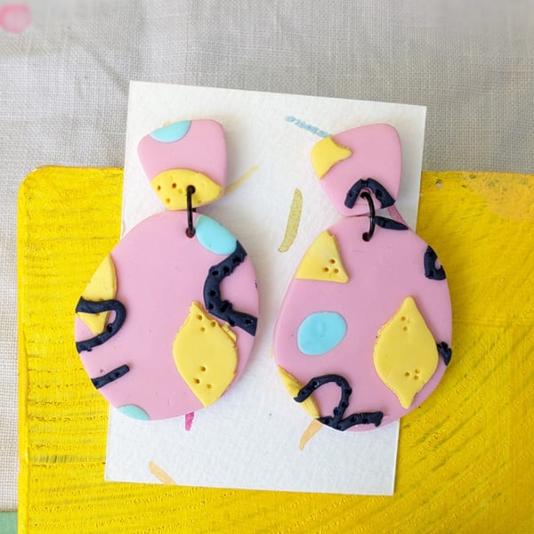 Pastel pink and lemon yellow statement earrings