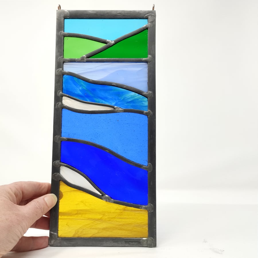 SOLD stained glass beach scene seascape in strong colours, leaded hanging panel.