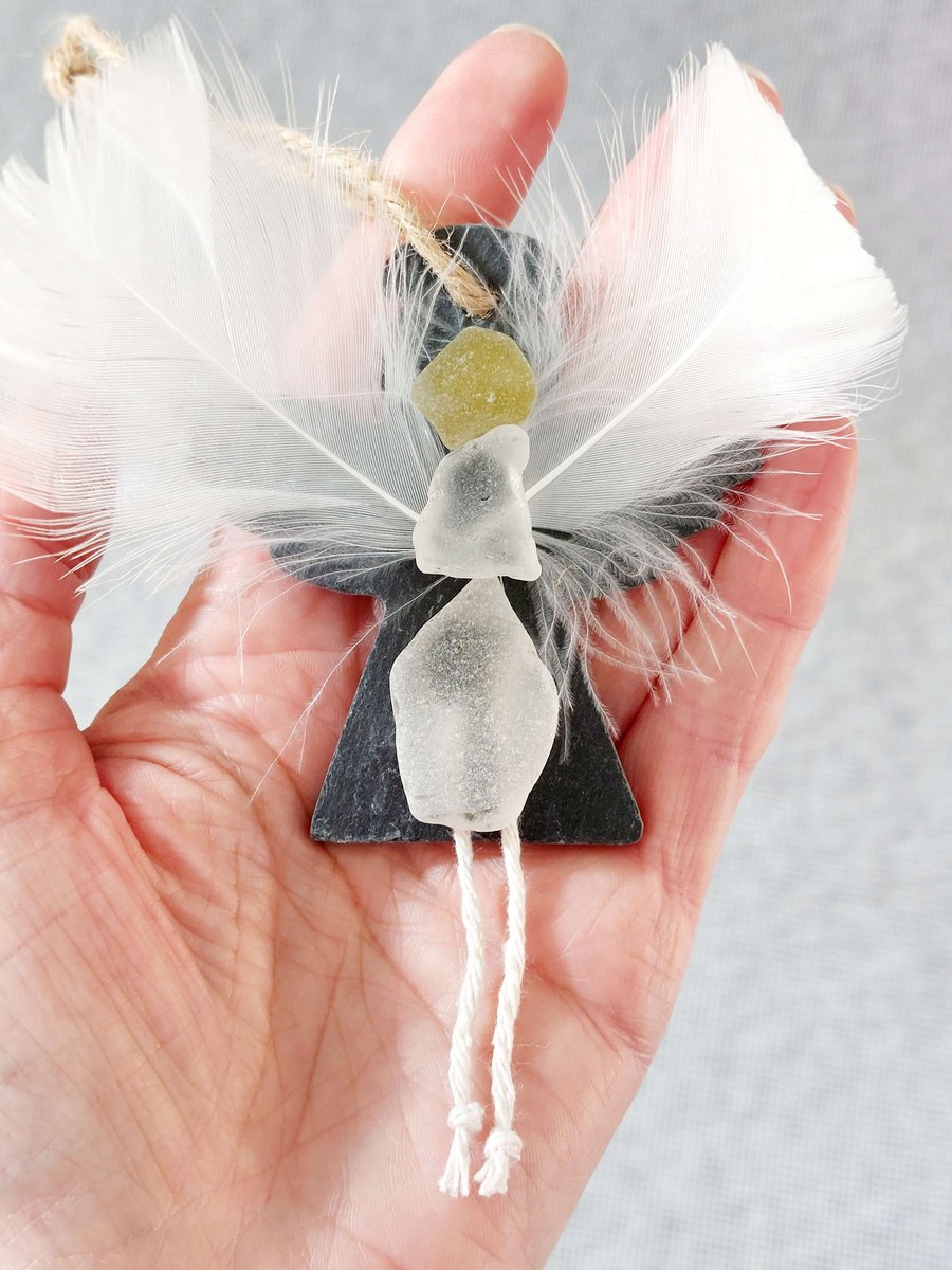 Sea Glass Angel Hanging Ornament, Handmade Christmas Angel Memorial Gift 