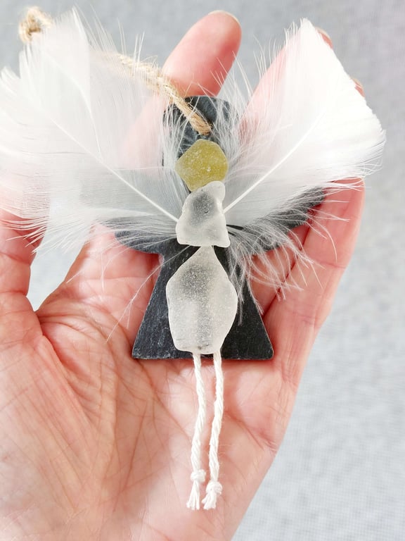 Sea Glass Angel Hanging Ornament, Handmade Christmas Angel Memorial Gift 